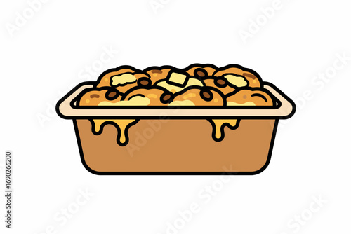 Illustration of a rectangular baking dish filled with bread pudding, topped with butter and chocolate chips, dripping glaze.