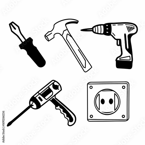 Construction tool icon set featuring screwdriver, hammer, drill, and electrical outlet