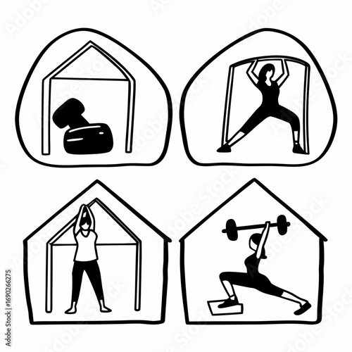 Home workout icons woman doing exercise at home during quarantine time
