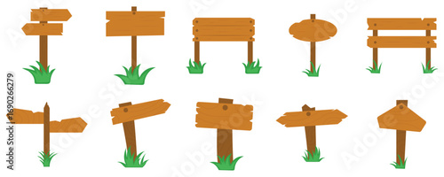 Set of vector wooden cartoon signs and banners isolated on white background, wooden planks, old wooden sign vector