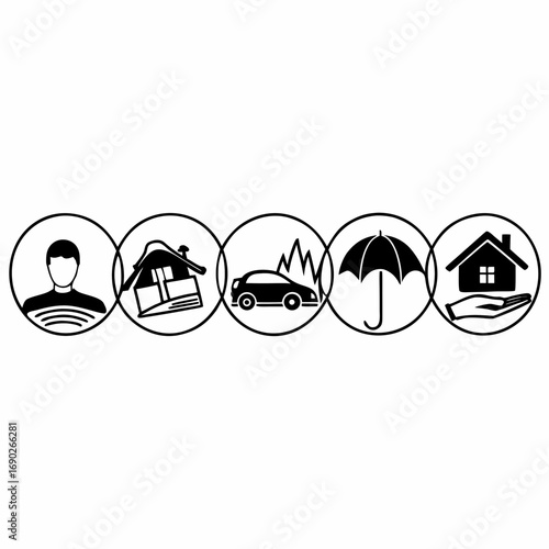 Insurance icons protection of person, house, car, and life insurance icons set