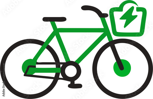 Green electric bicycle with charging battery symbol in the front basket for eco friendly transportation and clean energy mobility