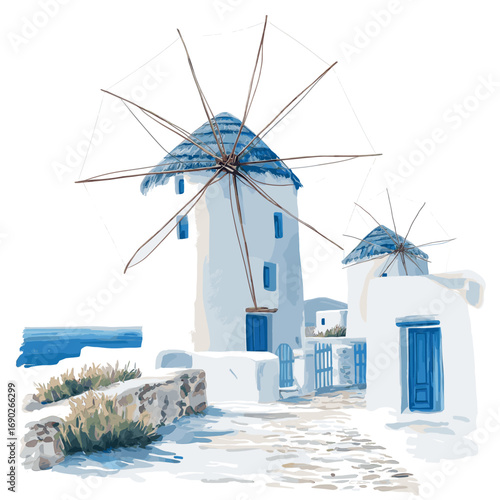 Mykonos Windmills. Mykonos Windmills watercolor vector illustration