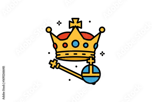 A golden crown and scepter, symbols of royalty, set against a white background.