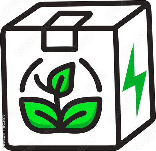 Sustainable packaging concept with a green leaf and lightning bolt symbol representing eco friendly energy delivery and product