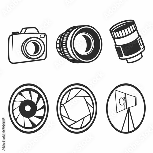 Illustration of photography equipment, including camera, lens and light