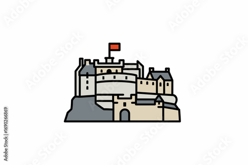 Illustration of a castle with a red flag on top, depicted in a minimalist, line art style.