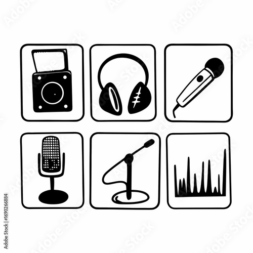 Illustration of podcasting equipment in boxes, including microphones and headphones