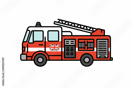 A classic red and white firetruck, complete with an extended ladder, is illustrated in a simple, line-art style.