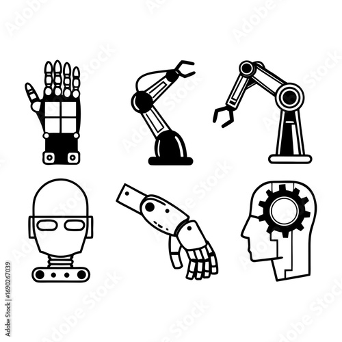 Set of robotic arm and artificial intelligence icons, representing automation