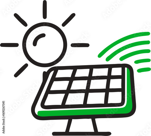 Clean energy symbol representing a solar panel under the sun generating renewable power for a sustainable future and environmental protection initiatives