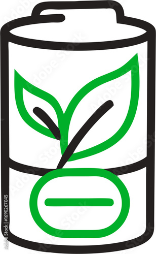 An icon symbolizing a green energy battery with a leaf indicating environmental sustainability and renewable power source