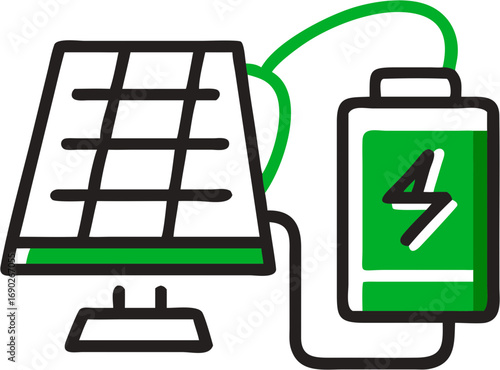 Solar panel connected to battery for green energy storage and renewable power generation concept illustration technology