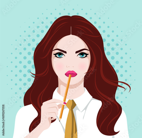 1571_Pretty young girl thinking seriously, frowning and tapping pencil on her lips