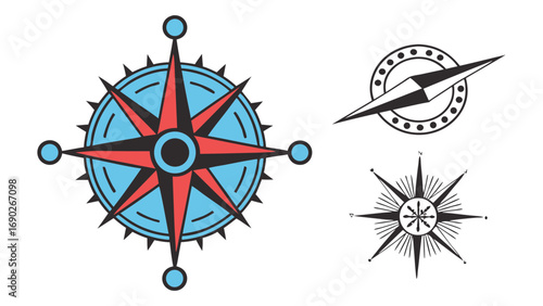 Set of navigational compass rose icons showing direction pointing north east south west for marine exploration travel guidance and orientation