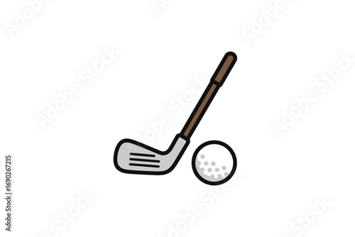 A golf club is positioned next to a golf ball on a white background.