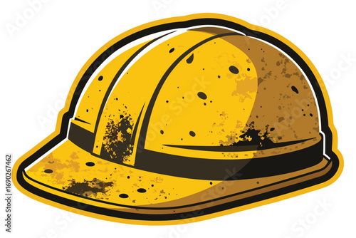 A graphic depiction of a yellow hard hat, heavily stained with dirt and grime.