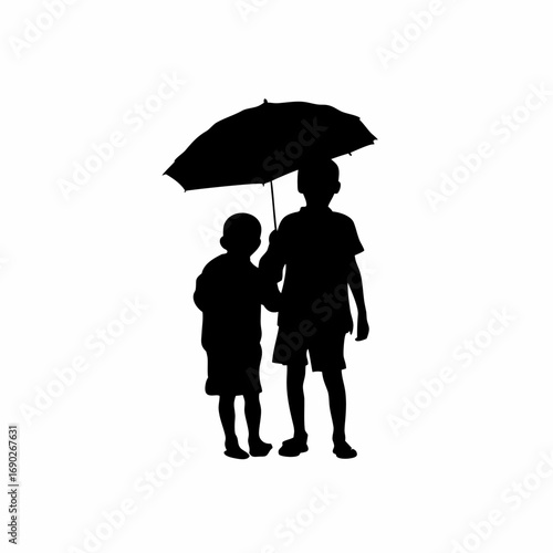 Boy protecting siblings with umbrella silhouette isolated on white background