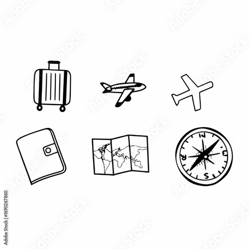 Travel and tourism concept with suitcase, airplane, passport, map, compass