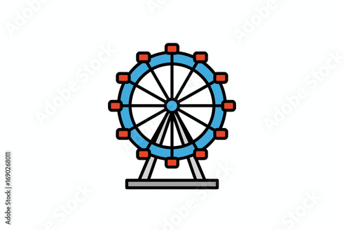Illustration of a Ferris wheel with blue spokes, red gondolas, and a gray base, isolated on a white background.