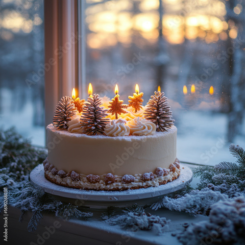 Cake with lit candles.