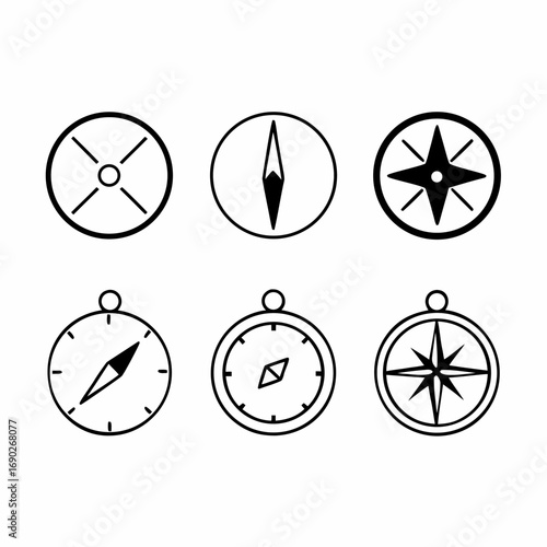 Hand drawn compass icons set featuring various styles and designs of compasses