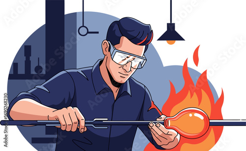 Skilled glassblower shaping glowing glass in fiery workshop with safety glasses for artistic creatio