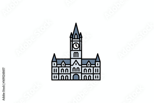 A stylized illustration depicts a symmetrical building with a prominent clock tower, windows, and architectural details.