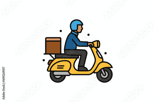 Delivery person riding a yellow scooter, carrying a package.