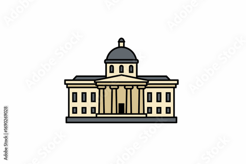 Simple illustration of a classical building with columns, a dome, and windows.