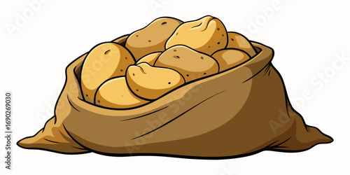 A highly realistic image of a burlap sack filled with fresh, raw potatoes, with several spilling out onto a clean white surface. The potatoes have natural, earthy textures with small blemishes and a s