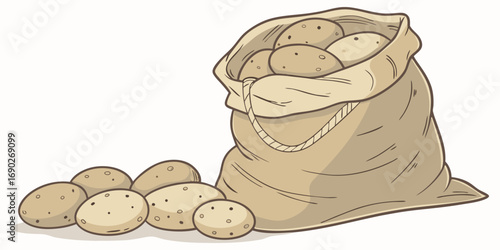 A highly realistic image of a burlap sack filled with fresh, raw potatoes, with several spilling out onto a clean white surface. The potatoes have natural, earthy textures with small blemishes and a s