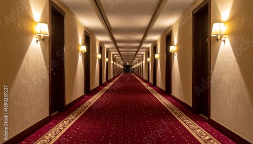 An endless hotel hallway with doors on both sides and a red carpet stretching into the distance.