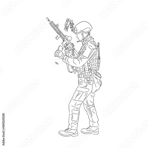 vector sketch illustration of tactical soldier stand and reload a gun in side view