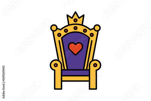 A cartoon-style illustration of a regal throne, featuring a gold frame and a purple seat with a red heart.
