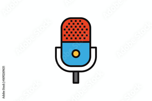 A stylized illustration of a vintage microphone, featuring a simple design and bold colors.