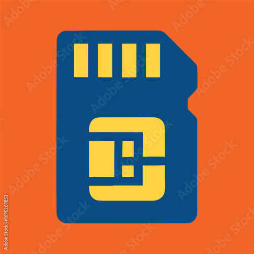 A close-up image of a blue and yellow SD card on an orange background.