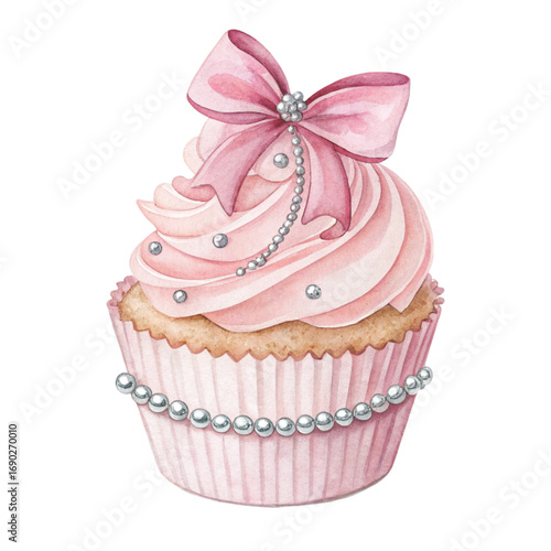 Watercolor illustration of a cupcake with soft pastel pink White Background