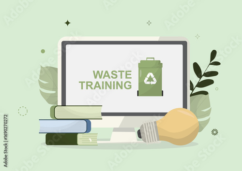 Waste Management Training. Environmental education. Recycling education program. Leadership training for sustainability. Workplace waste training session. Digital tools.Flat style. Vector illustration