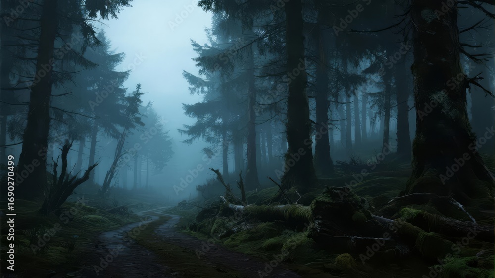 Fototapeta premium Mist-Shrouded Forest with Various Paths Illuminated by Atmospheric Lighting, Mystical and Serene Landscape