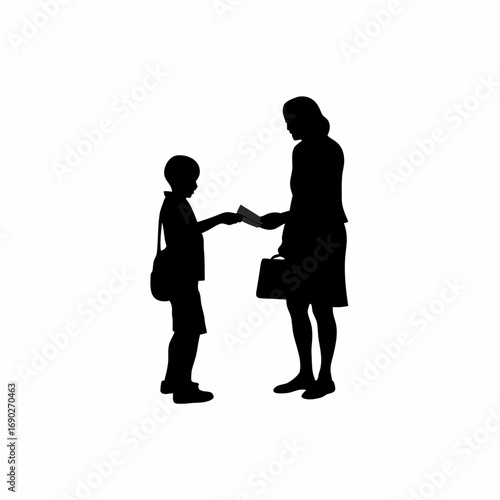 Silhouette of a boy giving money to his mother after work isolated on white background