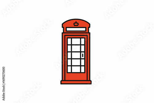 Illustration of a red British telephone booth with black outlines, centered on a white background.