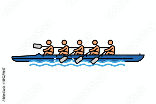 Five rowers in a blue boat, rowing in unison on water, viewed from the side.