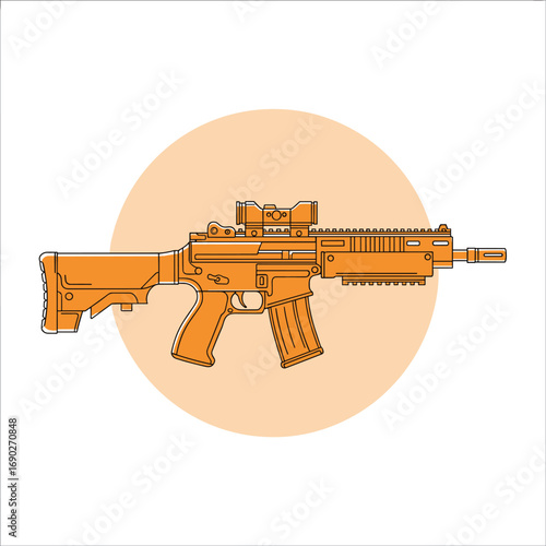Stylized modern combat rifle illustration with optic sight and collapsible stock