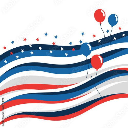 Celebrate freedom with patriotic waving stripes and festive balloons symbolizing national pride and joyful occasions
