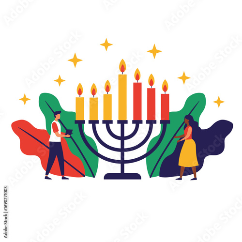 A diverse couple illuminates the hanukkah menorah surrounded by festive foliage and stars