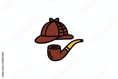 Illustration of a brown Sherlock Holmes hat and a brown smoking pipe on a white background.