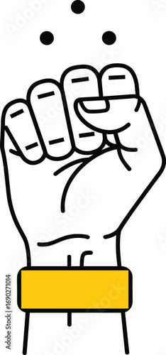Cartoon vector illustration of raised clenched fist with yellow wristband, symbol of strength, solidarity, or empowerment in minimal flat style