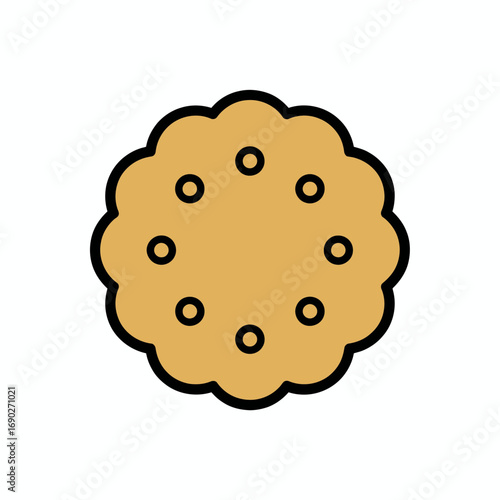A single tan cookie with scalloped edges and small circular indentations, outlined in black, on a white background.