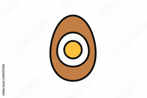A halved brown egg showcasing a bright yellow yolk and white.